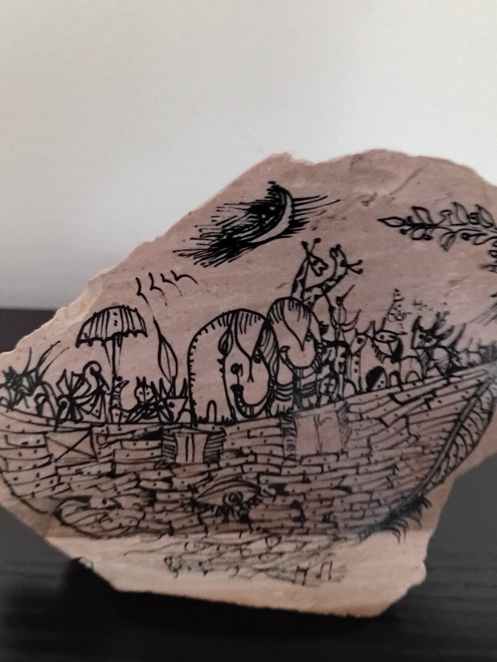 Noah's Ark Drawing On Stone Signed By Artist